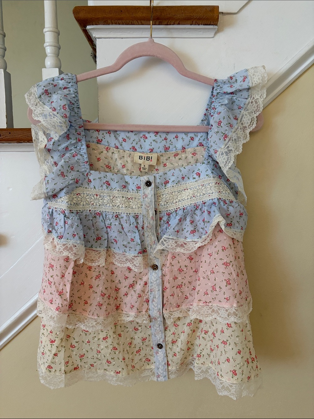 BiBi Pastel Floral Ruffled Lace Camisole - Blue/Pink/Cream